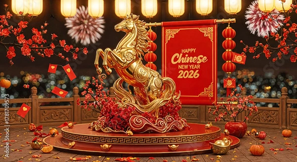 Fototapeta Golden horse statue with chinese new year decorations and fireworks
