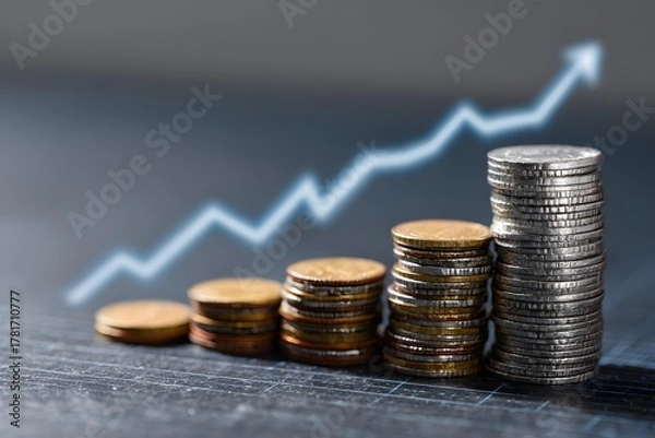 Obraz stack of coins and financial growth chart, business investment concept, macro detail