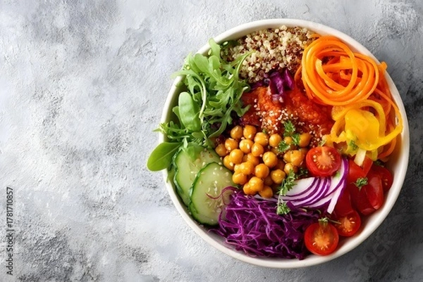 Fototapeta healthy vegan salad bowl with colorful vegetables, natural lighting, top view