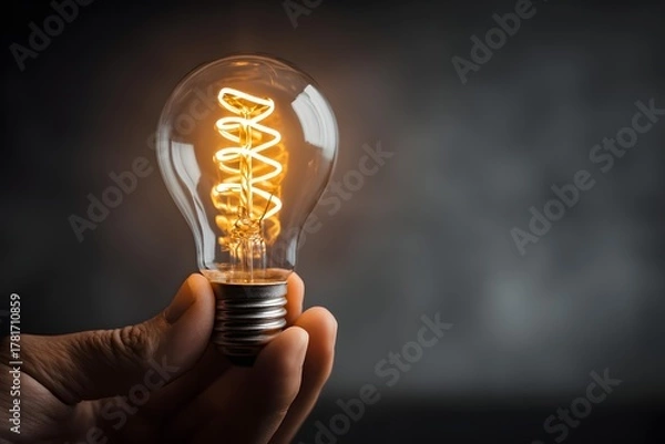 Fototapeta hand holding glowing light bulb, innovation and idea concept, dark background with rim light
