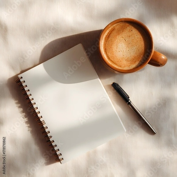 Fototapeta flat lay of creative workspace with notebook, pen, and coffee, minimal design, soft shadows