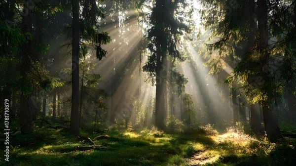Obraz beautiful nature forest with sunlight beams through trees, calm atmosphere