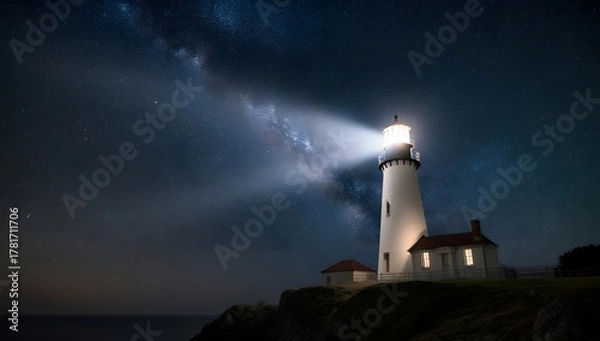 Fototapeta A lighthouse under the Milky Way, showcasing navigation, celestial beauty, and scenic drama.