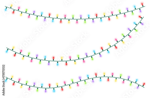 Obraz 6色の電球でカラフルなクリスマスライト（String lights）のベクターイラスト。点灯しているバージョン。電線の細かい形状を再現している。冬のイルミネーション, 電飾, 光るライトチェーン, パーティー装飾, シーズンイベントデザイン