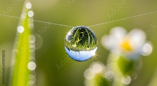 Fototapeta Macro shot of a perfect dewdrop magnifying green grass and blue sky on a spider silk