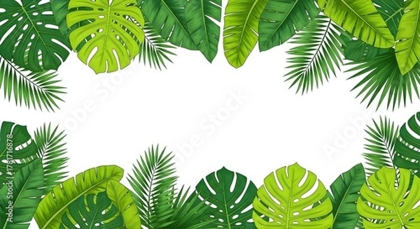 Fototapeta Lush Tropical Green Foliage Border Frame with White Copy Space for Summer Design