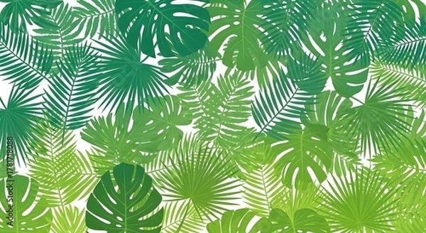 Fototapeta Vibrant Green Tropical Foliage Pattern Background with Monstera and Palm Leaves