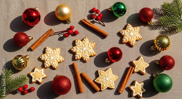 Fototapeta Overhead shot of Christmas ornaments, snowflake and star cookies, cinnamon sticks, and holly berries arranged on a textured neutral background, capturing the essence of the holiday season.