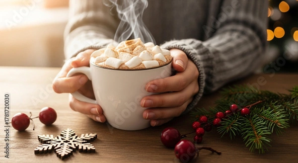 Fototapeta Cozy winter scene featuring a person holding a steaming cup of hot chocolate topped with marshmallows, with Christmas decorations and a warm sweater in the background.