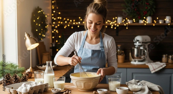 Fototapeta A smiling young woman wearing an apron is mixing batter in a bowl with a whisk in a cozy kitchen decorated for Christmas, featuring warm lights and holiday decorations