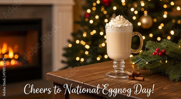 Fototapeta A festive image featuring a glass of creamy eggnog topped with whipped cream, set on a wooden table with cinnamon sticks, with a Christmas tree and fireplace in the background