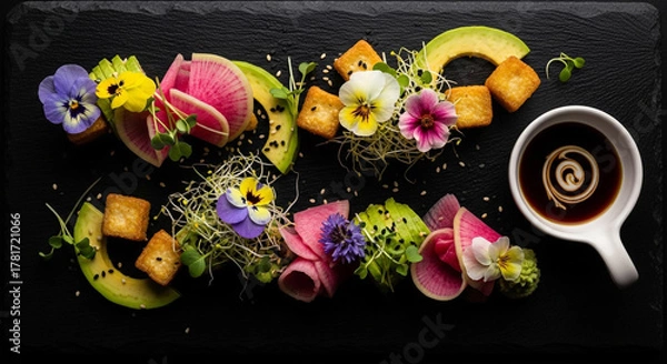 Fototapeta Artfully arranged colorful sushi rolls and avocado slices with edible flowers and dipping sauce on a dark slate