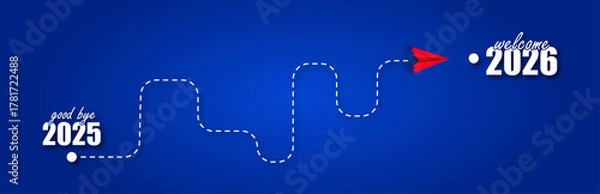 Fototapeta Goodbye 2025, Welcome 2026 – Red Paper Airplane Flies Along Dashed Path on Blue Background – New Year Transition Concept for Banners, Social Media & Presentations