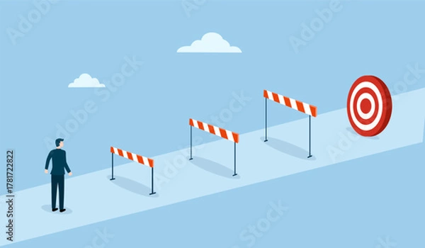 Fototapeta Overcome obstacles and success concept, obstacles or motivation to solve problem and lead company achievement, businessman jumping over hurdle race obstacle