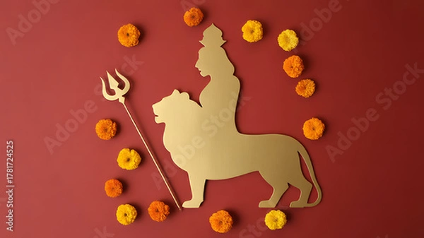 Fototapeta Golden silhouette of a deity riding a lion with a trident, surrounded by marigold flowers on a red background