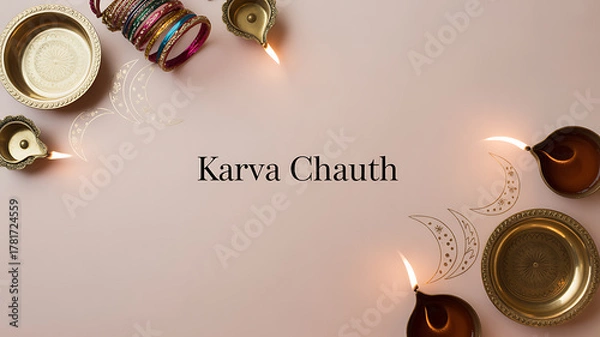 Fototapeta Karva Chauth celebration setup with lit oil lamps, bangles, and decorative elements on a soft pink background