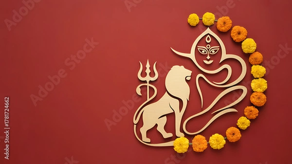Fototapeta Wooden lion and trident symbol with floral garland on red background