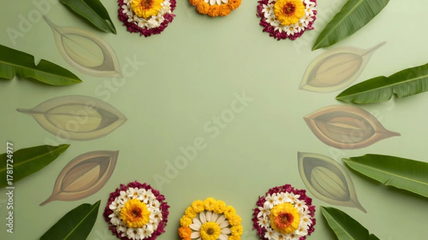 Fototapeta Circular floral arrangement with marigold and chrysanthemum flowers, banana leaves, and decorative leaf silhouettes on a green background