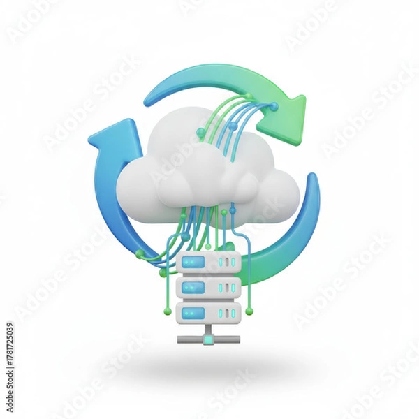 Fototapeta Cloud computing 3d icon shows server sync with arrows and data flow calm