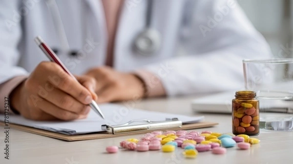 Fototapeta Medical professional at a table prescribing medication to a patient during a consultation in a healthcare setting