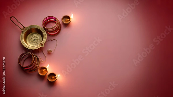 Fototapeta Traditional Indian wedding accessories including bangles, a brass pot, and lit oil lamps arranged on a red background