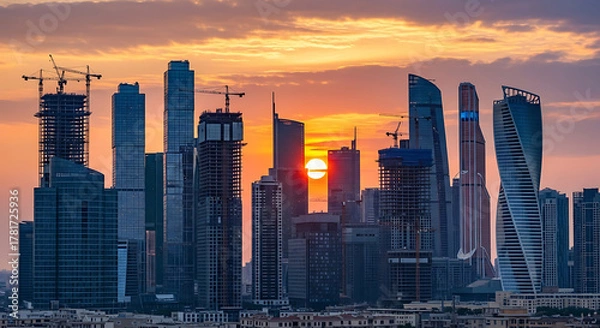 Fototapeta Modern city skyline at sunset with towering glass skyscrapers and construction cranes against a vibrant orange and purple sky.