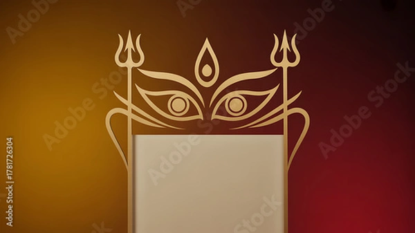Fototapeta Stylized golden emblem featuring symmetrical eyes and trident-like elements on a gradient background