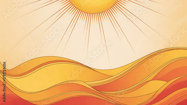 Fototapeta Stylized illustration of a radiant sun above flowing orange and yellow waves