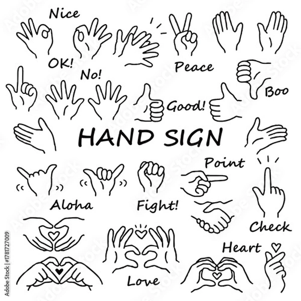 Obraz 手描き　ハンドサイン　イラストセット　モノクロ