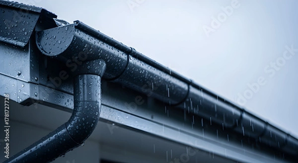 Fototapeta Rainwater streams down dark metal gutters attached to building during a heavy rainfall day