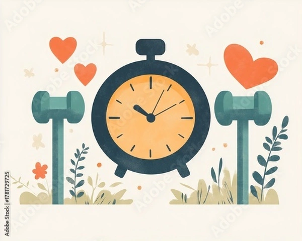 Fototapeta abstract illustration of balanced life showing clock, heart, and dumbbell in harmony, flat design with subtle pastel background 