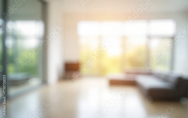 Obraz Blurred image of bright interior space with large windows and white walls. Ultra bokeh photo without focus with a soft and warm touch of light. High quality