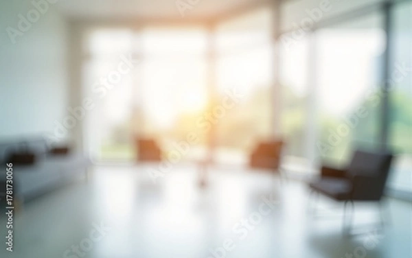 Obraz Blurred image of bright interior space with large windows and white walls. Ultra bokeh photo without focus with a soft and warm touch of light. High quality