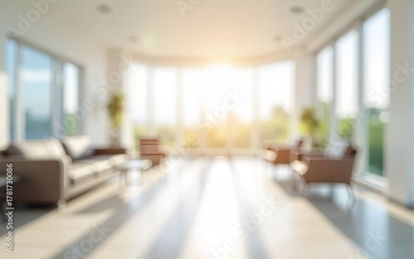 Obraz Blurred image of bright interior space with large windows and white walls. Ultra bokeh photo without focus with a soft and warm touch of light. High quality