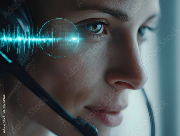 Obraz Close-up of a woman wearing a headset, with a blue holographic sound wave graph overlaid, symbolizing a call center/customer support agent, AI voice analysis, real-time communication