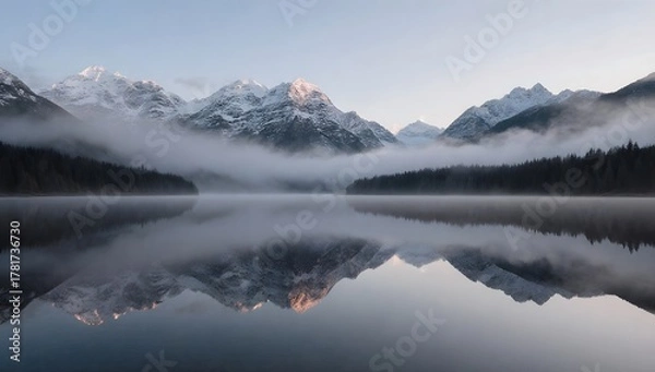 Obraz A mountain lake landscape with perfect reflections, emphasizing nature's tranquility and scenic beauty.