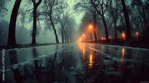 Obraz A misty street at night, highlighting urban atmosphere, solitude, and reflective mood.