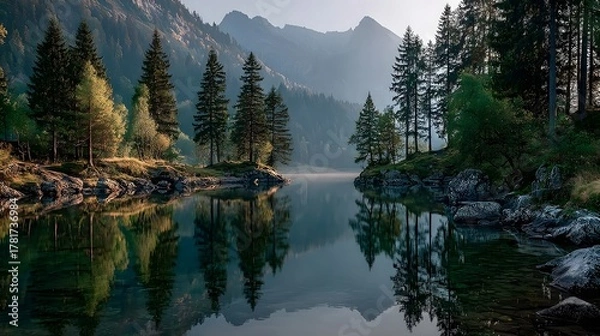 Obraz A mountain lake landscape with perfect reflections, emphasizing nature's tranquility and scenic beauty.