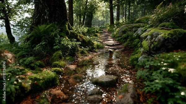 Obraz A forest path with moss and water, highlighting nature's tranquility, growth, and scenic detail.