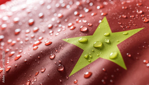 Fototapeta Stunning close up of Vietnamese flag with water droplets glistening on the surface, showcasing resilience and national pride in vivid detail