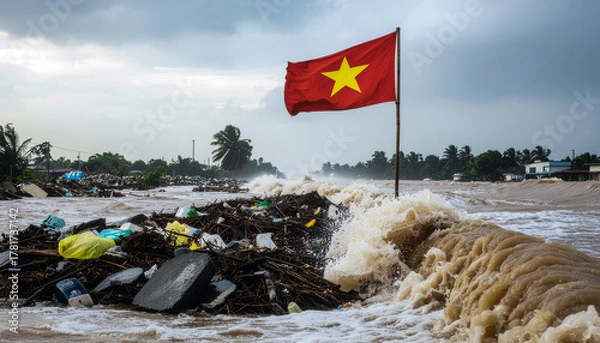 Fototapeta Vietnam endures devastating flooding as flag waves amidst debris and powerful waves showing climate change impact on coastal communities today
