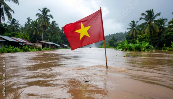 Fototapeta Devastating flood in Vietnam with national flag waving amidst rising waters and submerged homes, showing climate change impact on coastal communities
