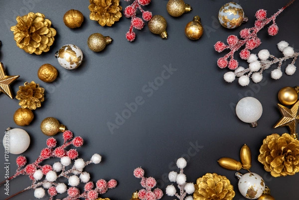 Fototapeta Merry Christmas and Happy New Year greeting card, frame, and banner. Holidays design. Noel and Feliz Navidad. Gifts and decorations, top view, flat lay. Text space, copy space winter background.