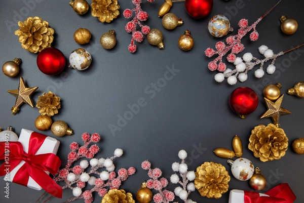 Fototapeta Merry Christmas and Happy New Year greeting card, frame, and banner. Holidays design. Noel and Feliz Navidad. Gifts and decorations, top view, flat lay. Text space, copy space winter background.