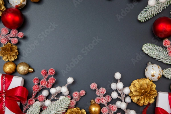 Fototapeta Merry Christmas and Happy New Year greeting card, frame, and banner. Holidays design. Noel and Feliz Navidad. Gifts and decorations, top view, flat lay. Text space, copy space winter background.