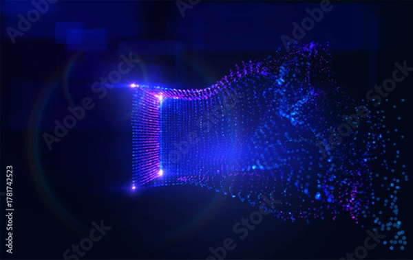 Obraz Abstract 3D data array and flowing particles forming a geometric cube on a luminous blue background. Concept of big data visualization, network connection, technology, and future science