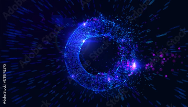 Obraz Glowing circular portal frame of shining data particles in space. Abstract concept represents data gateway, blockchain network, AI connection point, futuristic tunnel. Perfect for tech presentations