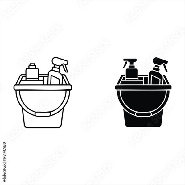 Obraz Cleaning Essentials in a Bucket: A simple and clean illustration of a bucket containing cleaning supplies, perfect for projects related to hygiene, cleanliness, and household chores.