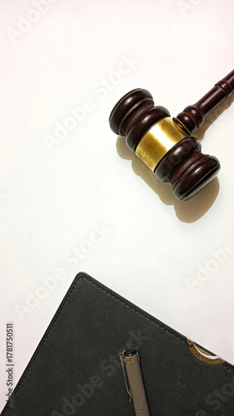 Fototapeta A wooden judge's gavel with a golden band placed on a white surface beside a black leather notebook and pen, symbolizing justice, law, and legal decision-making.