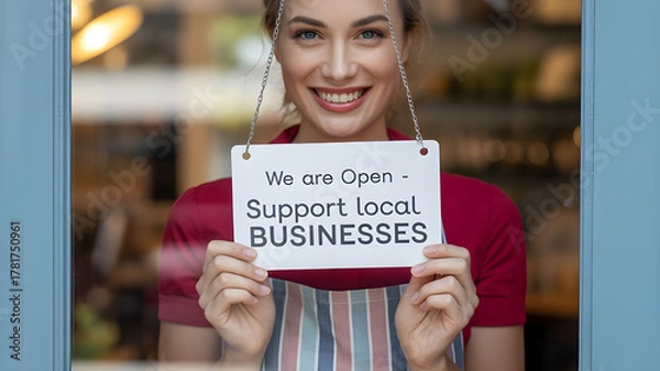 Fototapeta Smiling woman holding open sign supporting local businesses in storefront